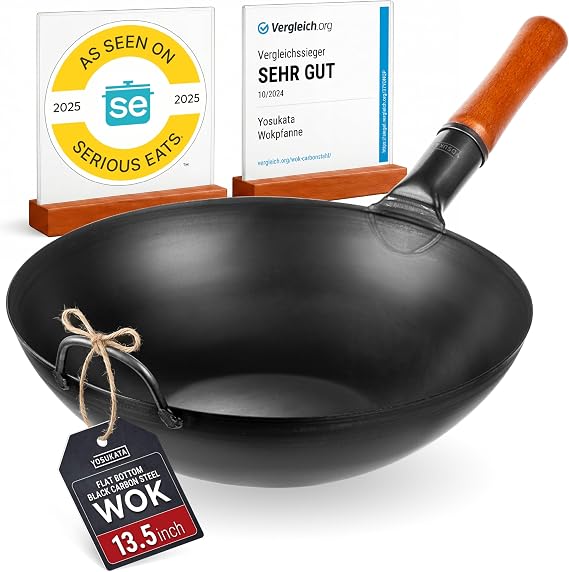 YOSUKATA 13.5" Carbon Steel Wok Pan Pre-Seasoned Flat Bottom Pow Wok for Stir Fry, BBQ, Grill & Camping Traditional Japanese Chinese Cookware Compatible with Induction, Electric, Gas, Open Fire