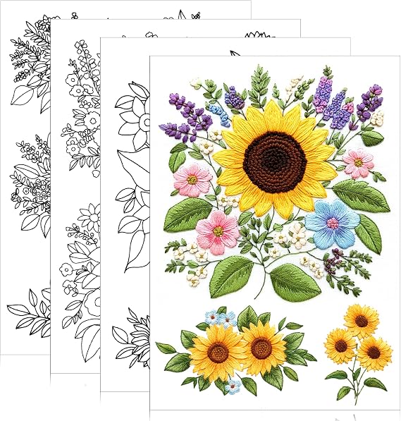 17 PCS Water Soluble Embroidery Patterns Sunflowers Bouquets Stick and Stitch Embroidery Patterns Wash Away Transfer Paper for Hand Sewing Lover Beginners