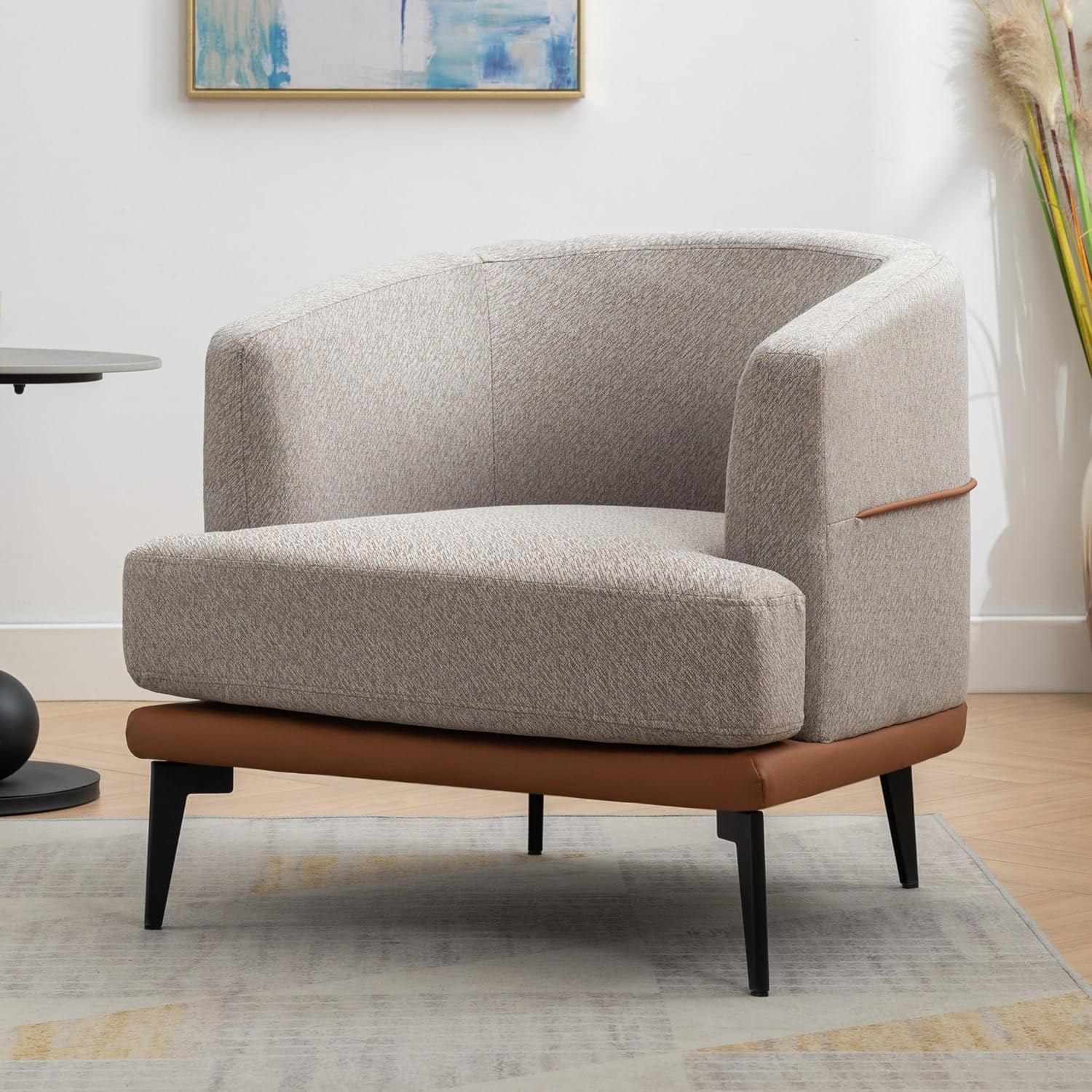 Modern Barrel Accent Chair, Upholstered Linen & PU Leather, Burnt Orange, 330 lbs Weight Capacity, Office, Meeting Room, Living Room, Bedroom, Hotel, Modern Design