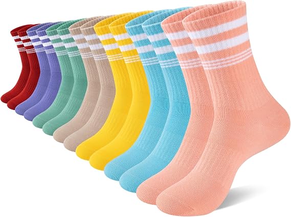 eallco 7 Pairs Womens Crew Cotton Socks Casual Breathable Striped Calf Socks for Women
