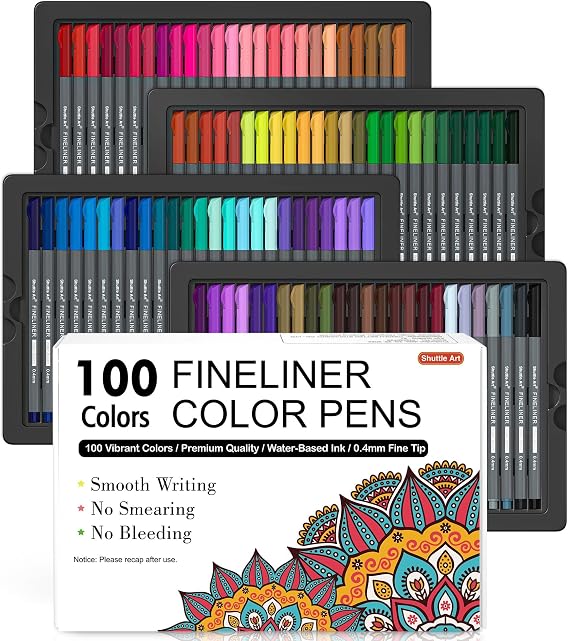 Shuttle Art Fineliners, 100 Colours Colouring Pens Set, 0.4mm Extra Fine Tip Coloured Pens Perfect for Colouring Books, Drawing Details Journaling, Writing Notes at Home School Office