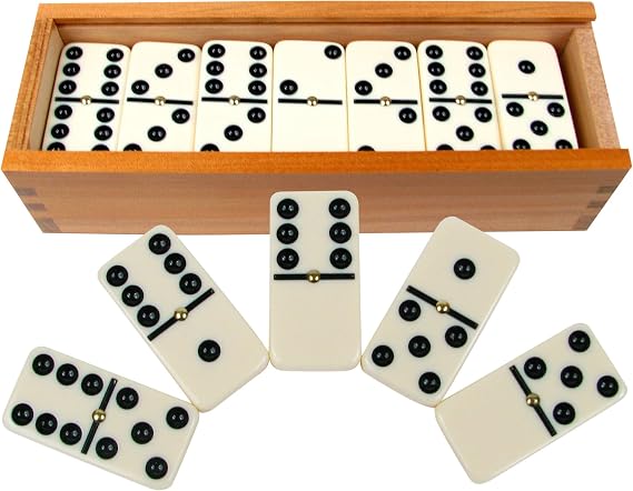 Double Six Dominos - 28-Piece Ivory Dominos Set for Adults and Kids - Classic Number Table Games Game for Family with Wooden Storage Case by Hey Play | Dominos Set for Adults and Kids, Classic Number Table Games for Family with Wooden Storage Case