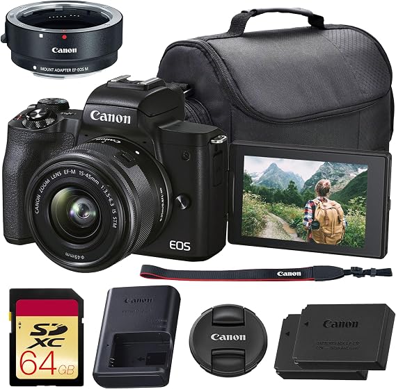 Canon EOS M50 Mark II Mirrorless Camera with 15-45mm Lens (Black) | 24.1MP APS-C, Dual Pixel CMOS AF, 4K Video & Vari-Angle Touchscreen | for Vlogging & Content (4728C006) + Adapter EF-EOS R + More