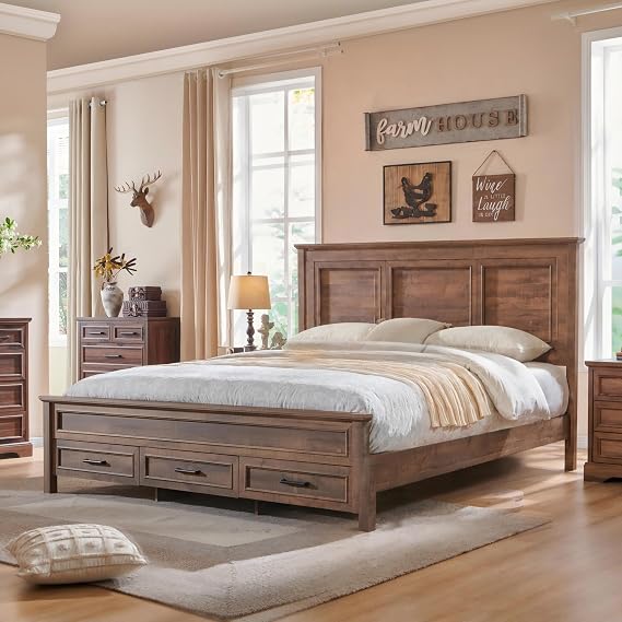 JXQTLINGMU Farmhouse Queen Wood Bed Frame with 52" Tall Headboard & 20" H Footboard, Platform Bedframe with Hidden Storage Drawers, Noiseless, No Box Spring Required, Light Brown