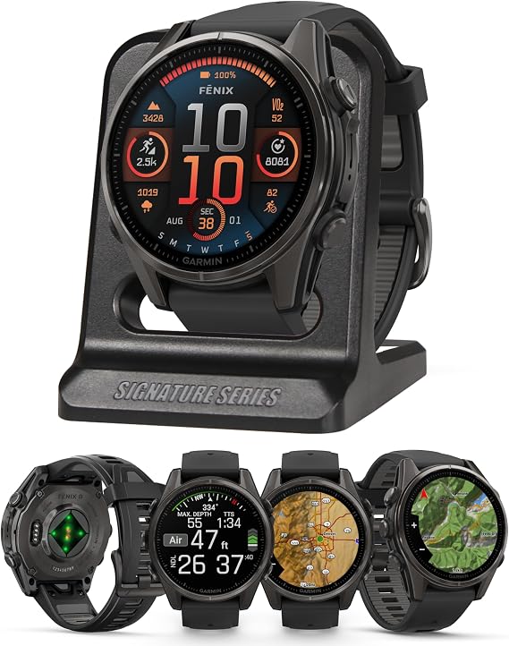 Garmin Fenix 8 Sapphire, 43mm Premium AMOLED Multisport GPS Smartwatch with inReach Technology, Health Tracking | Carbon Gray DLC Titanium/Pebble Gray with Signature Series Modern Power Stand