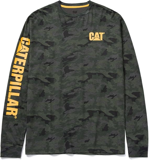 Caterpillar Trademark Banner Long Sleeve Tee Shirts for Men with Center Back Neck Wire Management Loop and Cat Workwear Logo | Center Back Neck Wire Management Loop, Cat Logos