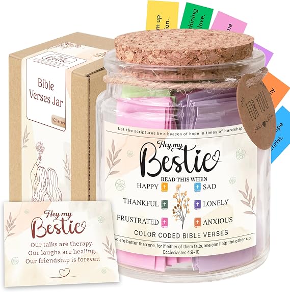 Bestie Bible Verses Jar Birthday Gifts for Friends, Graduation Gifts for Bestie, Color Coded Bible Verses, Faith Based Friendship Gift for Women
