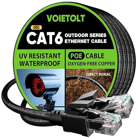 Cat 6 Outdoor Ethernet Cable 100 ft, 10Gbps 550MHz Pure Copper Network Internet Cable Direct Burial Waterproof UV LLDPE Jacket, LAN Cable Patch Cord with 20 Ties, UTP Support POE for PC