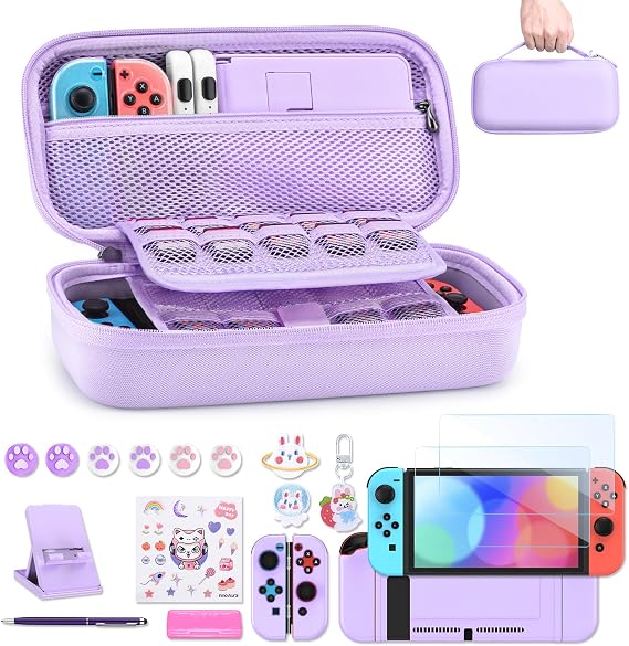 innoAura Switch Case 19-in-1 Bundle for NS Switch (2017), with Carrying Case, Game Organizer, Screen Protector, Stand and Thumb Grips, Purple