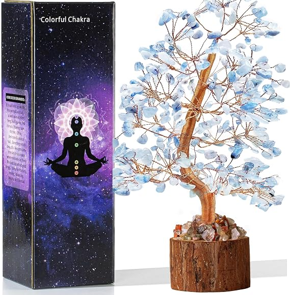 Crystal Healing Chakra Tree of Life Aquamarine, Sister Women Birthday Spiritual Gifts Gemstone Positive Energy & Good Luck, Bonsai Gem Stone Feng Shui Money Tree House Home Office Room Desk Decor