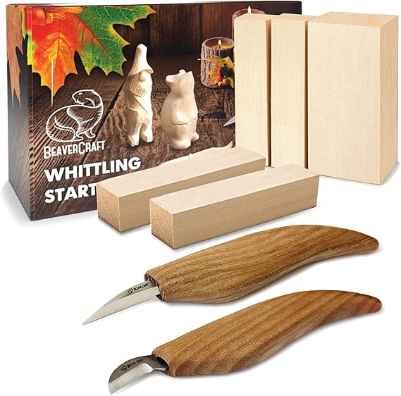 BeaverCraft Wood Carving Kit for Beginners S16 Whittling Knives Sloyd, Chip Wood Carving Knife, Basswood Blocks for Carvers - Whittling Tools Set