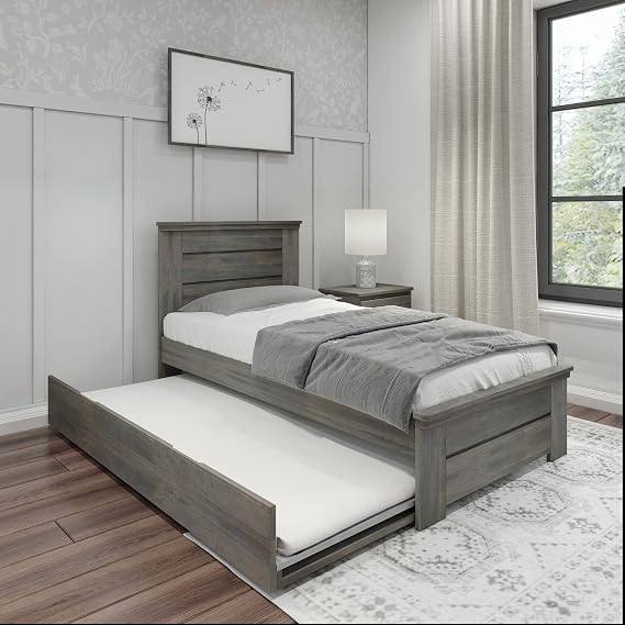 Max & Lily Modern Farmhouse Twin Bed with Panel Headboard and Trundle, Driftwood