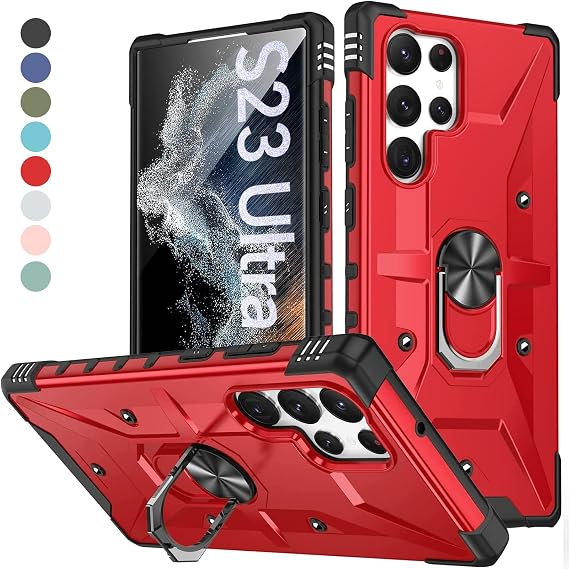 ELEPIK Galaxy S23 Ultra Case with Ring Holder Kickstand, Samsung S23 Ultra Cover [Pass 6ft Drop Test] [Double Layer Military Grade Protection] Phone Case for Samsung Galaxy S23 Ultra (Red)