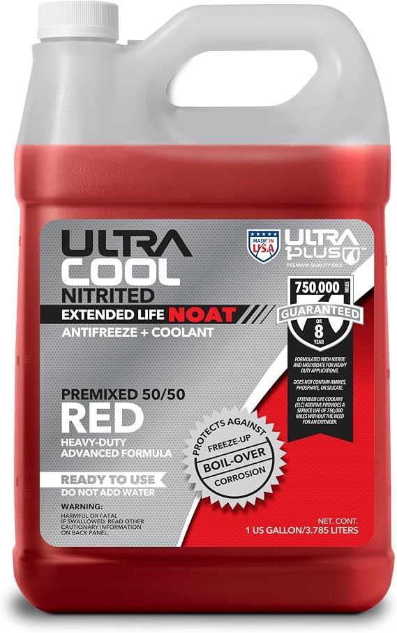 UltraCool NOAT Nitrite and Molybdate Antifreeze Coolant 50/50 Red 1 Gallon | Long-life antifreeze coolant, protects cooling systems from freeze, boil-over and corrosion