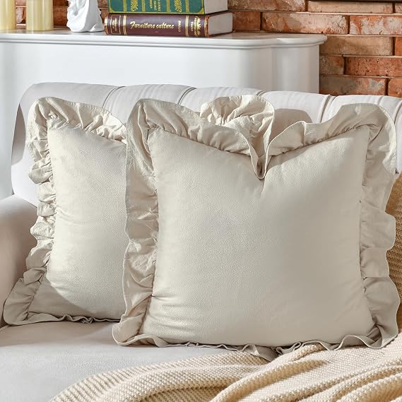 AmHoo Pack of 2 Throw Pillow Covers 100% Cotton Pre Washed Ruffle Decorative Pillowcase Cushion for Couch Sofa Bedroom 20 x 20-Inch Beige