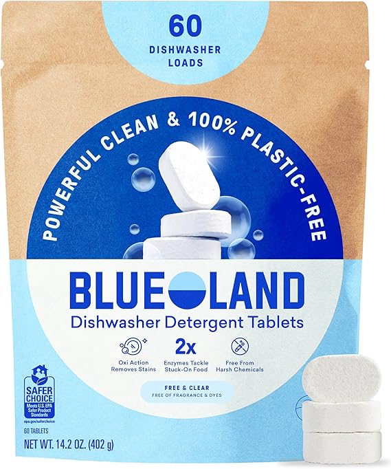 BLUELAND 100% Plastic-Free Dishwasher Detergent Tablets, 60ct, Free & Clear | Eco-Friendly Dishwashing Pods, Cuts Grease & Stuck on Food, Rinses Clean for Streak-Free Shine, Fully Dissolves, Septic Safe