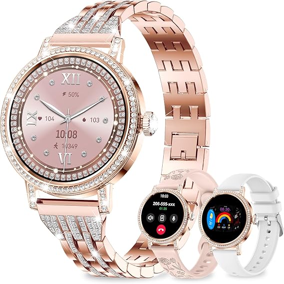 Women's Smart Watch with Diamond, 3 Straps, 1.27 Inch HD Women's Smartwatch with Bluetooth Calls, Heart Rate/SpO2/Sleep/Steps/Calories, IP68 Pedometer 110+ Sports with Android/iOS, Rose Gold