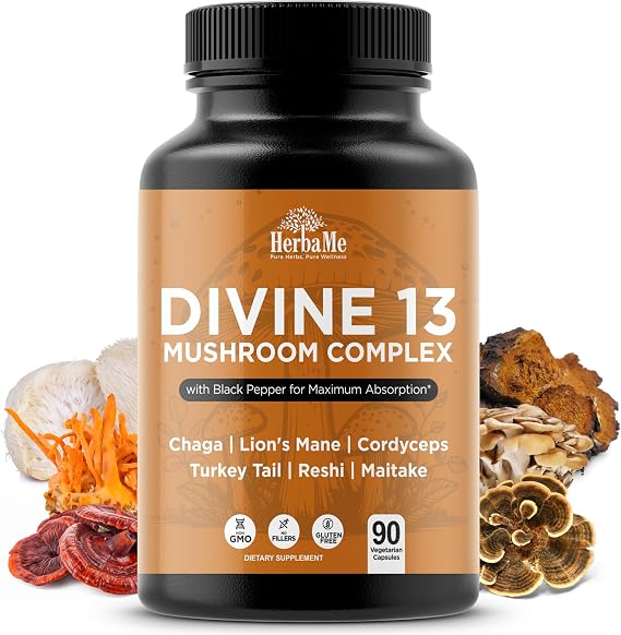 HerbaMe 13 Mushroom Supplement with Lions Mane for Brain & Energy Support