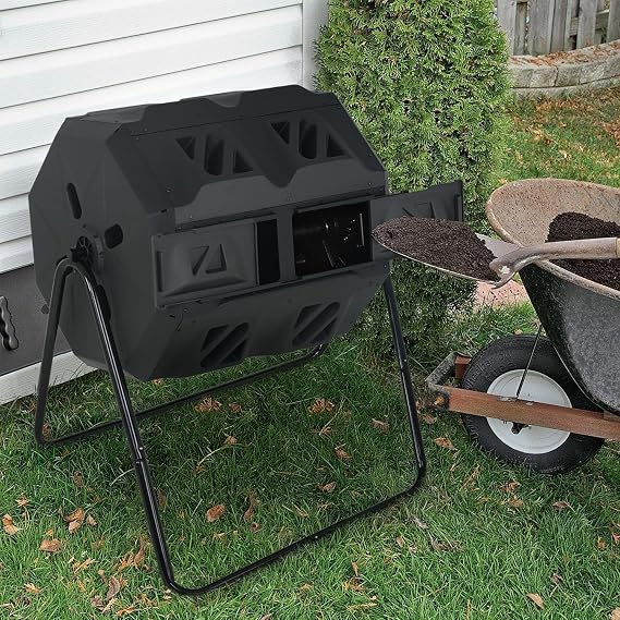 Compost Bin,43 Gallon Compost Bin Kitchen,Tumbling Composting Bins,Dual Chamber Sliding Doors for Garden Patio,Compost Tumbler,Easy to Assemble,Black Door