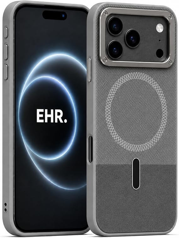 Ehr. iPhone 17 Pro ile Uyumlu Magsafe Wireless Şarj Özellikli Mat Süet Deri Nakışlı İçi Kadife Silikon Arka Kapak (Gri, iPhone 17 Pro)
