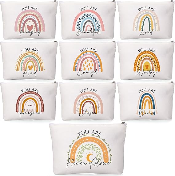 Coume 10 Pcs Canvas Makeup Bags Bulk, Inspirational Quotes Cosmetic Zipper Encouragement Travel Pouch Toiletry Bag for Women Teacher Friend CNA Nurse(Multicolor,Rainbow)