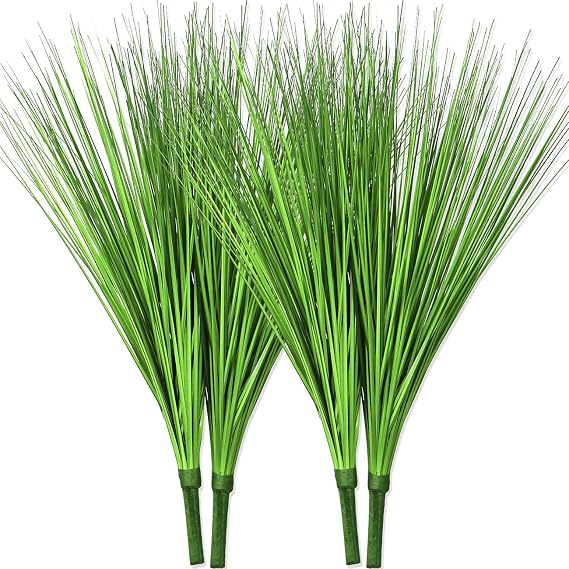 Beebel Artificial Plants 17" Artificial Onion Grass Bushes UV Resistant Plants Faux Shrubs Fake Wheat Grass Greenery Topiaries for Bathroom Home Office House Decorations (4 Pcs/Green)