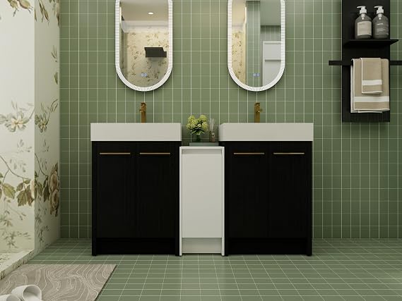 60" Black Freestanding Double Sink Bathroom Vanity Set, Modern Bathroom Vanity Set with White Thick Edged Resin Basin, Modern Bathroom Vanity with Combination Cabinet for Bathroom