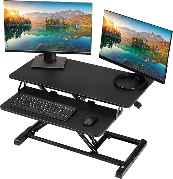 TechOrbits Standing Desk Converter - 32 Inch Adjustable Sit to Stand Up Workstation, Particle Board, Dual Monitor Desktop Riser with Keyboard Tray, for Home Office Laptop, Black 32