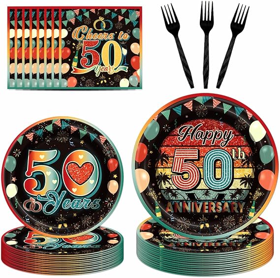 EUOYUFO 96Pcs Vintage 50th Anniversary Paper Plates Napkins Forks 50th Wedding Anniversary Party Tableware for Men Women Cheers to 50 Years Theme Supplies Serve 24 Guests