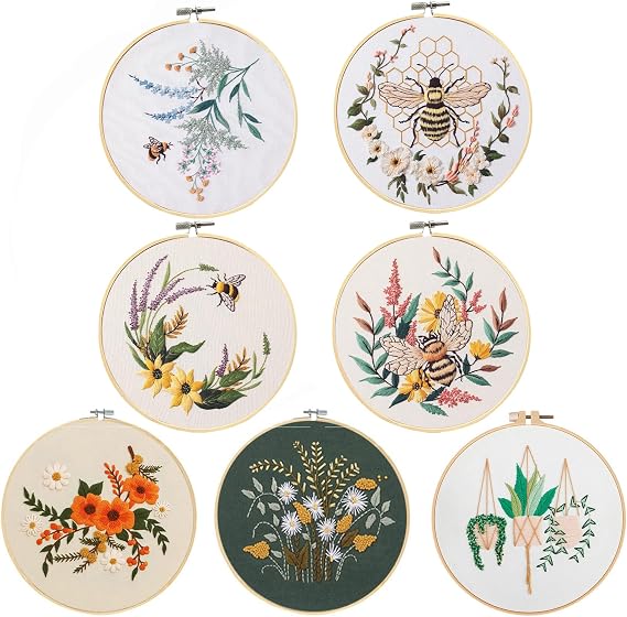 Santune 6 Pack Embroidery Kit for Beginners,Needlepoint Cross Stitch Kits for Adults,Needle Point Sets with Bee Flower Pattern Stitch Video Tutorial