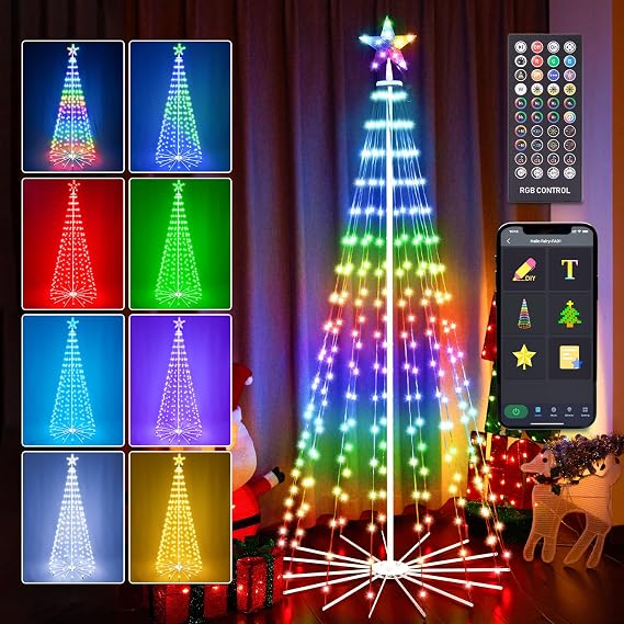 HOLILLUMA 6FT LED RGB Color Changing Smart Outdoor Christmas Tree Lights | App&Remote Control, 265 LED Lights, DIY Multi-Color Lightshow, Music Sync, Timer, Waterproof, Outdoor Christmas Decoration