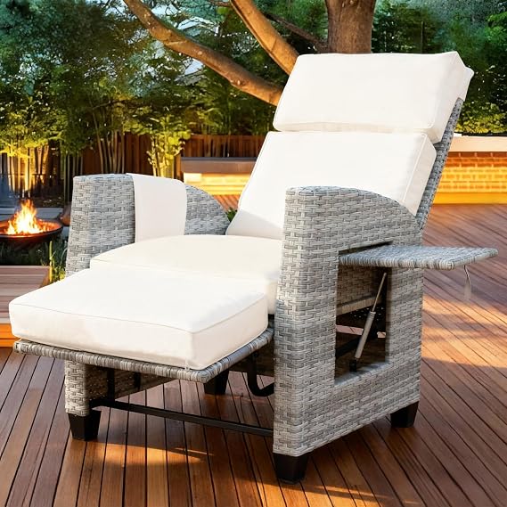 Wicker Outdoor Recliner | Rattan Patio Recliner with Adjustable Backrest and Footrest | Patio Reclining Chair with Flip-up Table & Side Pocket, 4" Thick Cushion For Patio, Outdoor & Indoor