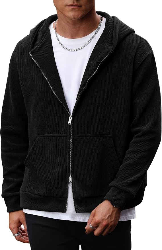 Herberton Mens Cropped Zip up Hoodie Jacket Corduroy Heavyweight Double Zipper Sweatshirts (S-XXL)