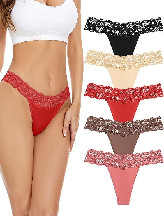 voenxe Seamless Women Thong,No Show Lace Underwear,Cotton-Like Soft Undies