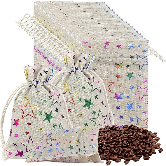 Jute Burlap Bags, 20Pcs 20x30cm Burlap Bag with Drawstring, Hessian Gift Bags, Star Print Linen Burlap Bag Mini Gift Bags for Wedding Birthday Party DIY Craft