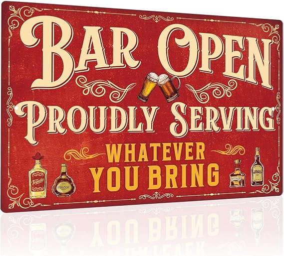 "Bar Open" Bar Sign,#34;Proudly Serving Whatever You Bring" Metal Tin Sign, Funny Bar Accessories for Home Pub, Man Cave, Outdoor Garden, 12x8 Inches