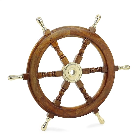 Nagina International Ship Wheel Steering Nautical Decor Wooden Wheel Vintage Boat Steering Furniture Antiques Nautical Art - With Brass Handles (24 Inch)