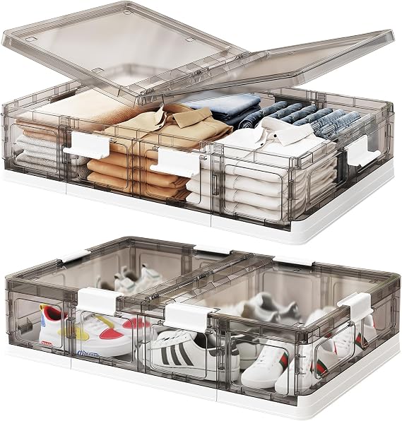 Kitstorack 2 Pack Plastic Under Bed Storage Bins with Lids and 8 Pre-installed Wheels,Rolling Low Rrofile Under bed Containers Box for Clothes Shoes, 37.8 Qt, Long, Clear, Flat, Large