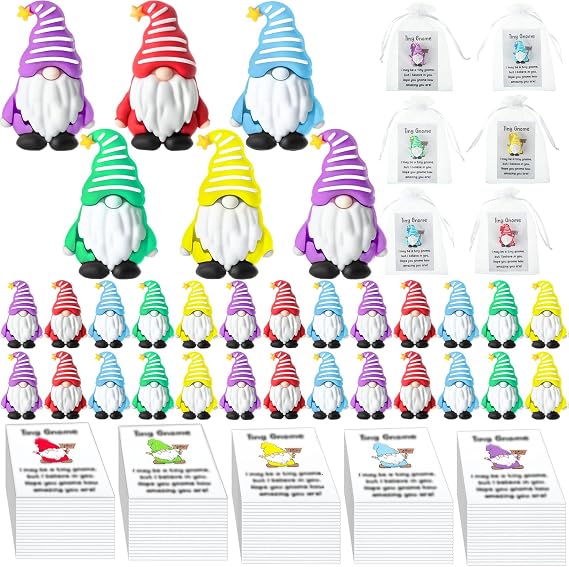 DoubleFill 30 Set Mini Positive Gnomes Figures with Cards, Standing | Miniature Tiny Gnomes, Blessed Gifts, Inspirational, for Employee Coworker Staff, Appreciation Volunteer Gift, DIY Crafts
