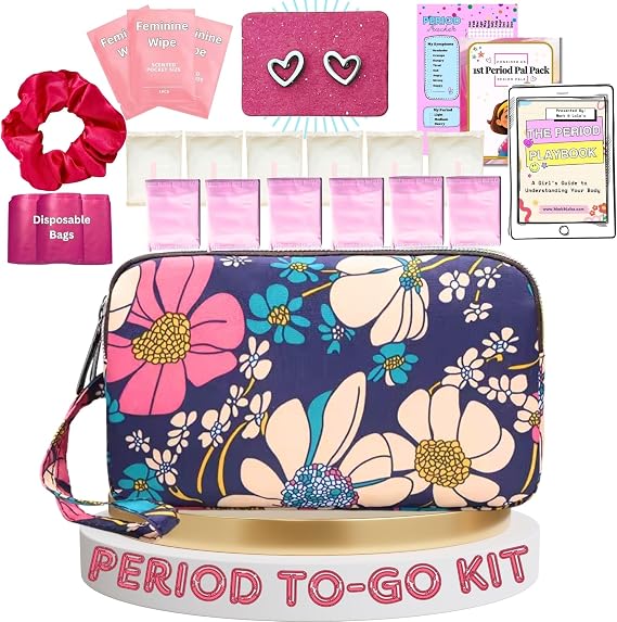 First Period Pal Pack to-Go Kit | 24 pcs | First Period Kit for Tweens | Teen Period Kit| Discrete Period Bag, Pads, Panty Liners, Period Kits for Tweens 10-12 (Flowers)