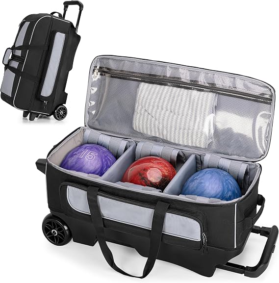 GOBUROS 3 Ball Roller Bowling Bag with Multi Accessory Pockets and Shoes Compartment, Fits 2 Pairs of Size 16 Shoes, 3 Ball Bowling Bags with Large Wheels and Retractable Handle Extends to 41.5"