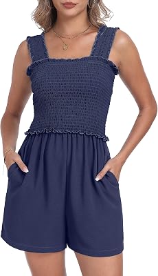 QIXING Womens Summer Casual Rompers Dressy Smocked Loose Comfy Short Jumpsuits Vacation Outfits With Pockets