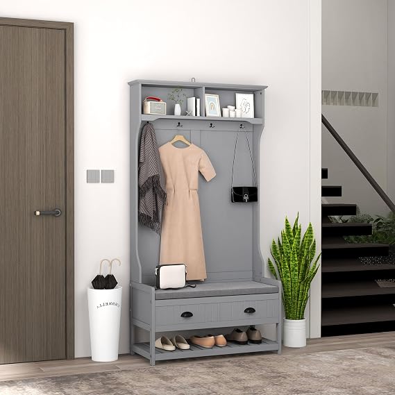 HOMCOM 3-in-1 Hall Tree Entryway Bench Coat Rack 2 Storage Drawers, Gray