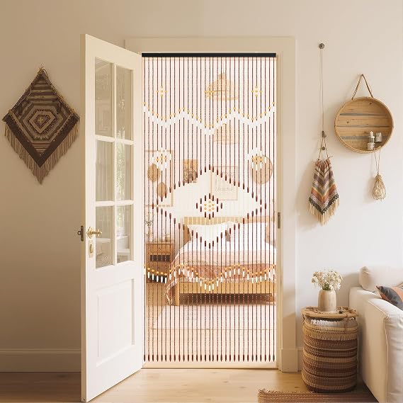 Bamboo Door Curtain 90 x 208 cm Wooden Beads Door Curtain Bead Curtain Boho Style Fly Curtain Decor Privacy Screen Room Divider for Balcony/Patio/Kitchen/Living Room (Chocolate Brown)
