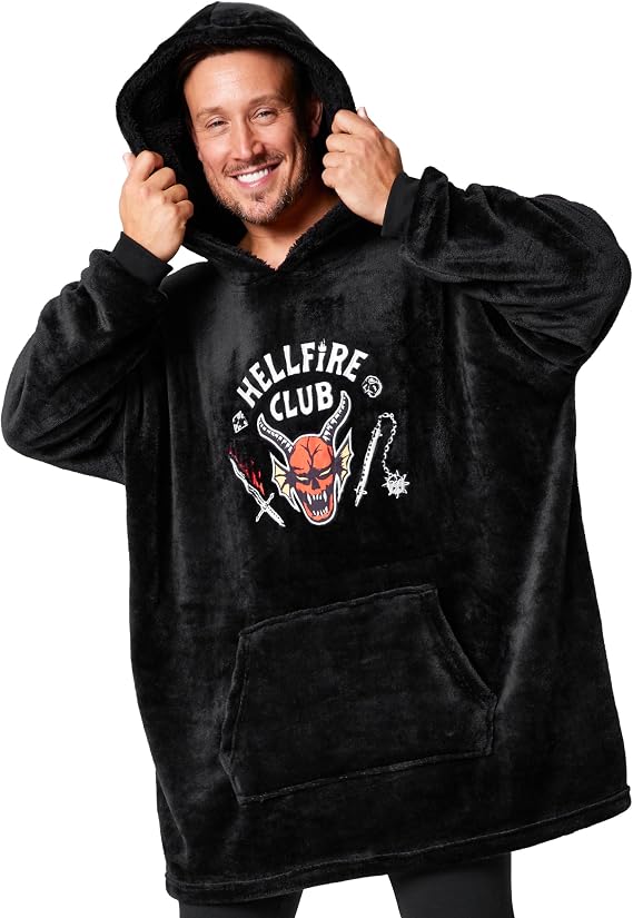 Stranger Things Hoodie Blanket for Men and Teenagers - Cosy Oversized Fleece Hoodie One Size Sherpa Hood - Gifts for Him Black