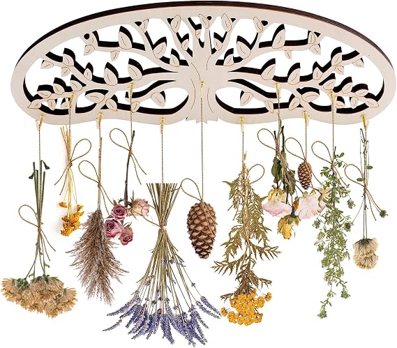 Herb Drying Rack Hanging - Tree of Life Design Wall Decor with 11 Hooks for Kitchen, Garden | Saving Space Herb & Flower Dryer, Gift for Gardeners, Crafters, Kitchen Witches