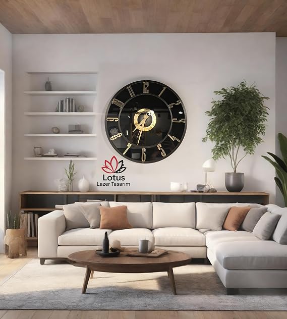 Modern Duvar Saati, 50x50 CM, Siyah-Altın, Aynalı Pleksi ve MDF Gövde, Sessiz Akar Mekanizma, Salon için Dekoratif, Pilli