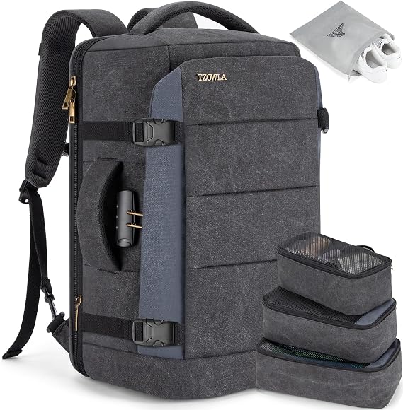 Tzowla 40L Canvas Expandable Travel Laptop Backpack for Men Women Carry on Flight Approved,Large Capacity Anti Theft Backpacks,Vintage Personal Item Bag Fit 17.3" Laptop(Black & Blue)