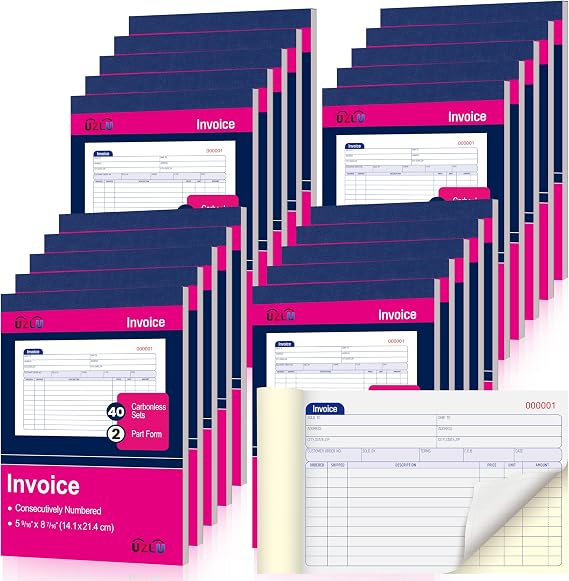 20 Packs Invoice Book 2 Part Carbonless for Small Business, 5-9/16" x 8-7/16" Invoices Receipt Book, Invoice Pad with Consecutive Numbering & Wraparound Cover, 40 Sets per Book