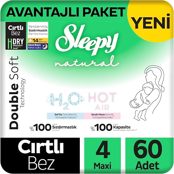 Sleepy Natural Double Soft Avantajlı Paket Bebek Bezi 4 Numara Maxi 60 Adet